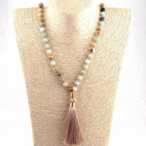 Moda mujer Lariat bohemio Tribal Beige borla Yoga joyería 8mm amazonita piedra <span class=keywords><strong>collar</strong></span> Rudraksha Buda collares - Product Image 3