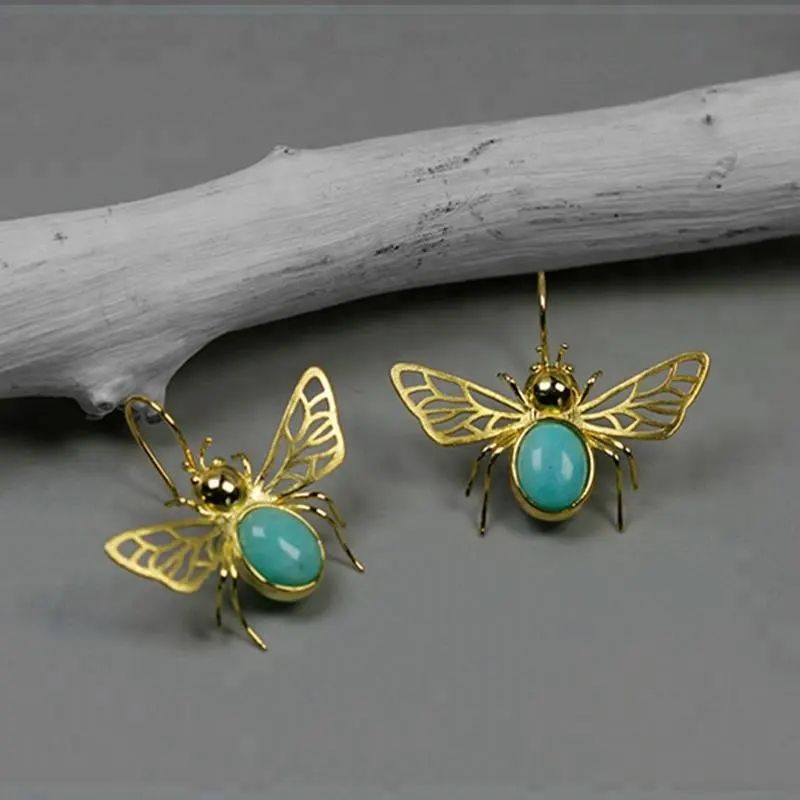 Lotus fun Handmade 925 sterling silver with 18k gold plated Honeybee earrings natural stone women jewelry making supplies
