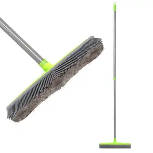 Push Broom Extra Long Handle Rubber Bristles Sweeper Squeegee Edge Pet Cat Dog Hair 55.1 inches Scratch Free Bristle Broom