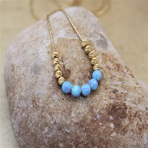 Ожерелье из бусин с голубым опалом, цепочка с золотом 14 карат, ювелирные украшения из драгоценных камней