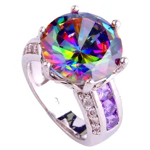 SJAE052 SJ Wholesale Diamond Cocktail Ring Brass White Gold Plated Big Round Shaped Colorful Gemstone Indian Ring for Wedding