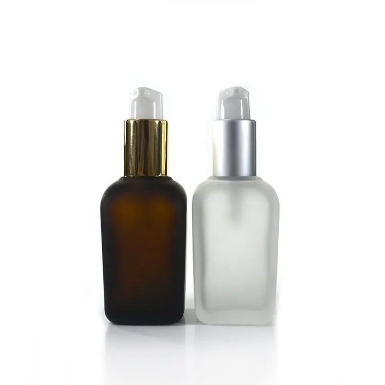 Botella cuadrada de perfume francés, loción de vidrio ámbar transparente esmerilada con bombas de tratamiento, 15ml, 20ml, 30ml, 50ml, 100ml