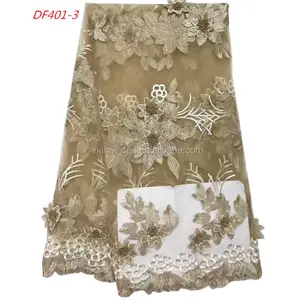 New Arrival Beige Color Tulle Lace Fabric Bulk Lace Fabric 3D Lace Fabric Beads Bridal DF401-3