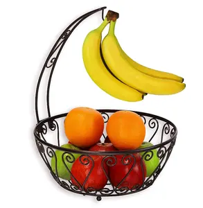 批发现代台面青铜金属丝水果篮碗与香蕉树衣架