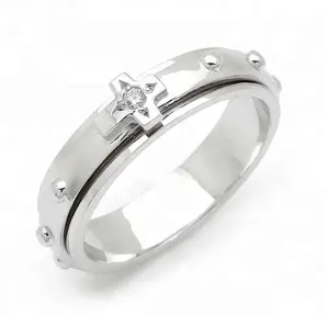 Spinner personalizado para hombre, anillo de Rosario con Cruz giratoria de acero inoxidable de color plata de ley 925