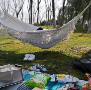 Barato al por mayor de encargo de algodón de lino de Camping al aire libre hamaca con <span class=keywords><strong>Macrame</strong></span> playa hamaca <span class=keywords><strong>columpio</strong></span> cama cubierta silla hamaca Swing - Product Image 5