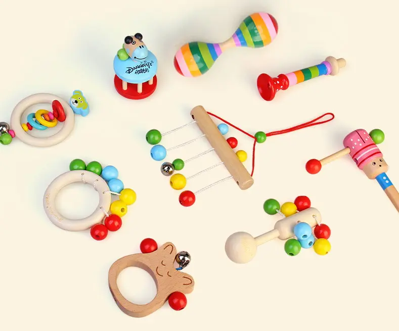 Anillo educativo de madera para bebés, juego de juguetes de madera con dientes, arcoíris, arena, martillo, campana, caja de cartón, sonajero, WRT005, 2021