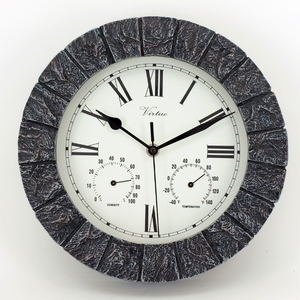 Horloge murale ronde rétro, en fausse pierre, avec un thermomètre et un hygromètre - Product Image 1