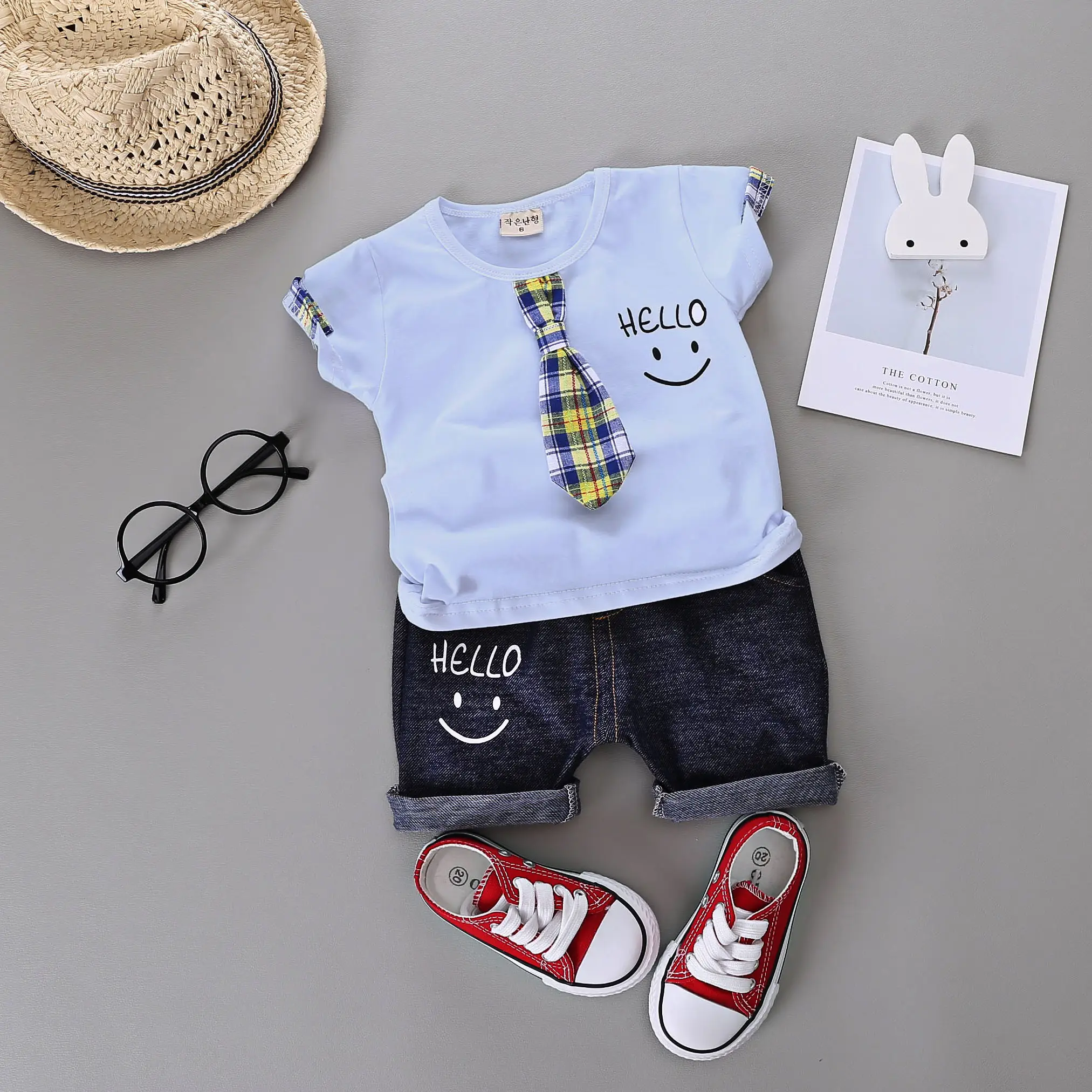 Stylish handsome gentleman check tie smiley print denim shorts kids summer clothes boy boutique clothing in hot selling