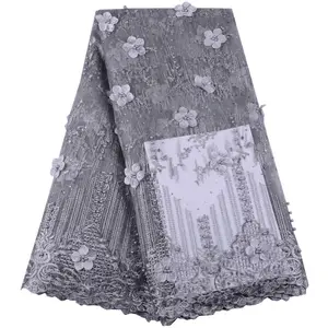 Gray Color Nigerian Lace Fabric For Wedding 2019 African French Lace Fabric High Quality 3D Lace With Beads Applique 1477