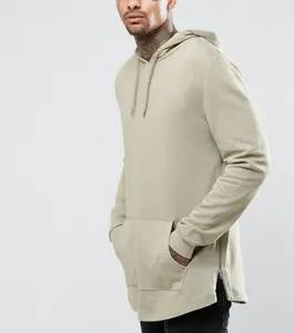 De lado Zip en blanco al por mayor en blanco curvo dobladillo Sudadera con capucha para hombre