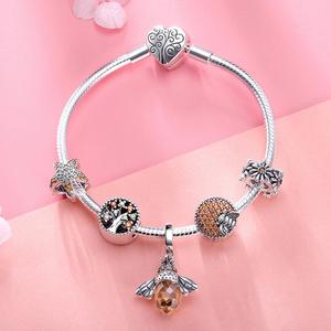 BAGREER SCB805 925 Vàng Pha Lê Ong Mật & Tree Of Life Daisy 925 Hạt Bạc Charms Bracelet DIY Lady CZ Đá Cuff Bangle - Product Image 2