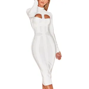 New arrival long sleeve white rayon bandage dress Midi women formal dresses in guangzhou