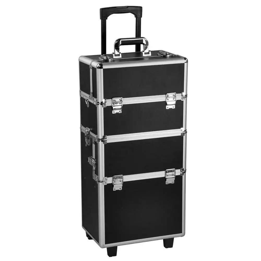 3 in 1 Pro Aluminum Rolling Makeup Case Salon Cosmetic Box Organizer Trolley Train Case Wheeled Artist Travel