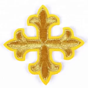 Custom Faith Cross Logo Golden Metallic thread embroidery patches