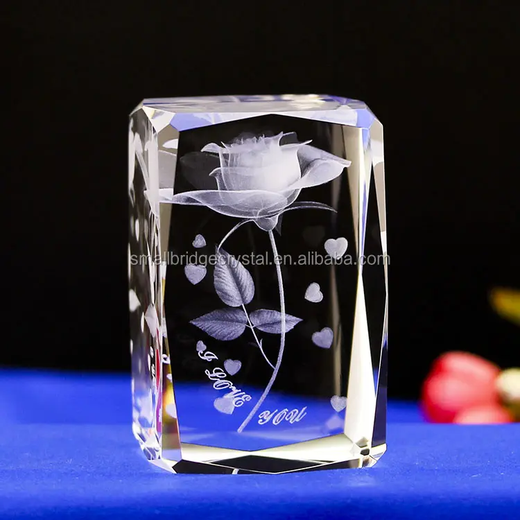 Wholesale K9 Crystal Glass Rose Laser Engraved 3d Cube Crystal Wedding Gifts For Guests