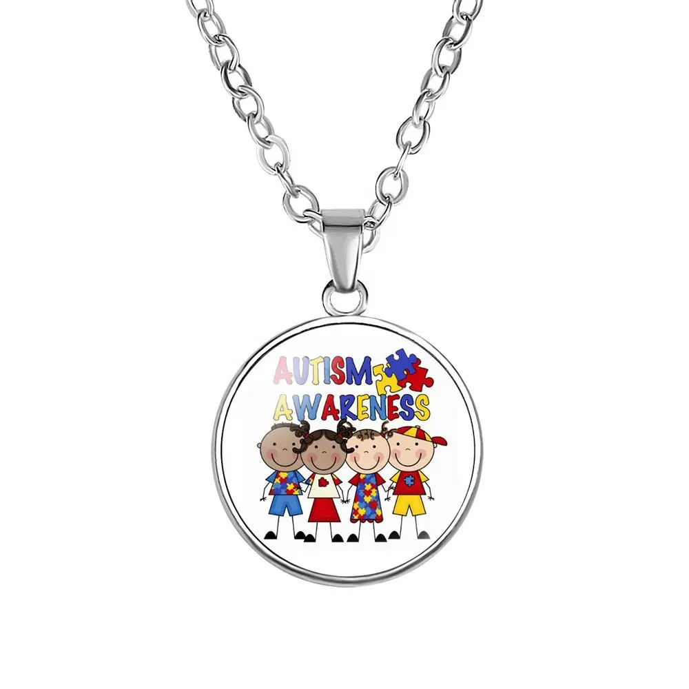 Collier d'autruche pour enfant, de forme ronde, en alliage, avec ruban rouge d'autruche, motif de Puzzle, cadeau d'anniversaire