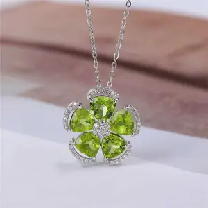 factory wholesale flower shape fashion natural gemstone green olivine 925 silver 18k gold plated necklace pendant jewelry women