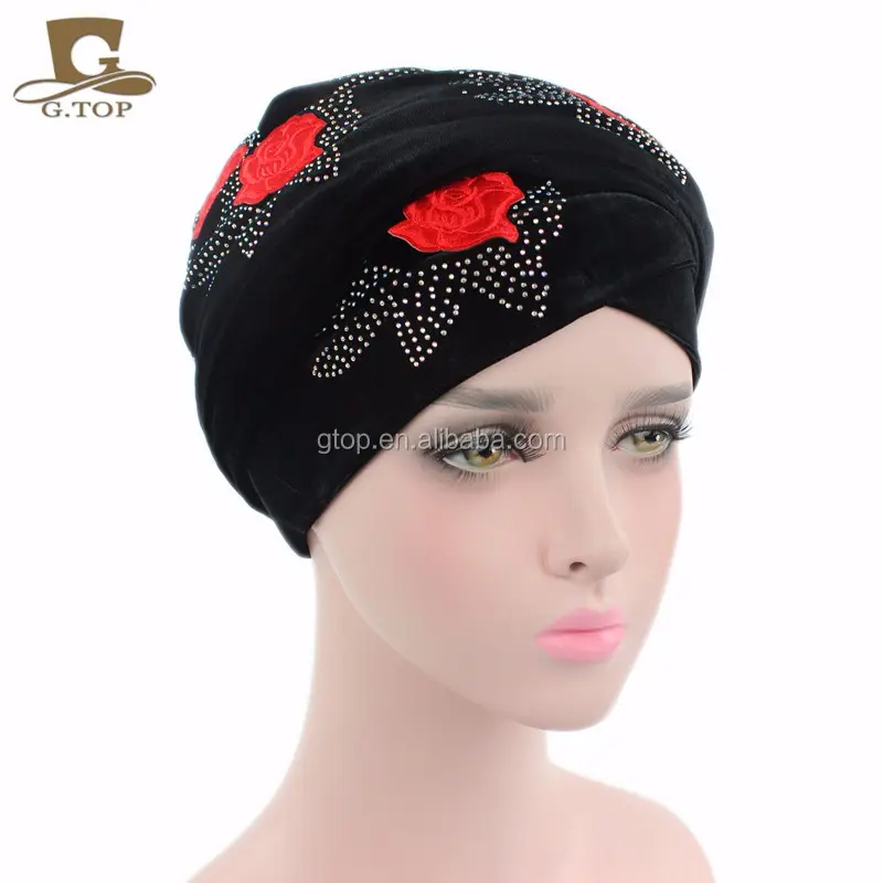 Atacado Red Rose Patch Extra Long Velvet Turbante Cabeça Wraps Hijab Cabeça Lenço Veludo Turbante TJM-38B