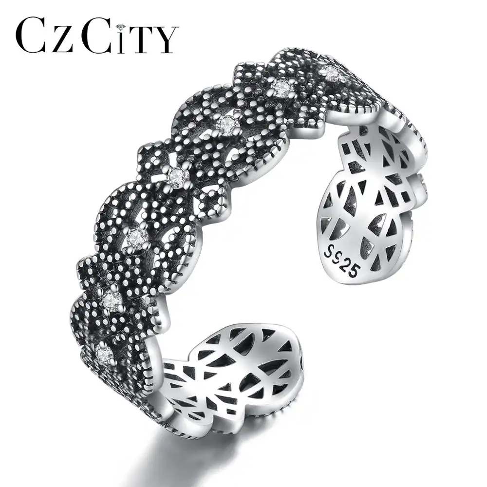 CZCITY แหวนย้อนยุคเล็กๆ CZ ลูกไม้,แหวนเงิน925โซ่ปรับได้ไซส์เดียววินเทจสำหรับเด็กผู้หญิง Cz S925
