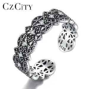 CZCITY Tiny CZ Lace Vintage Girl One Size Cz 925 Adjustable Chain S925 Silver Trending Retro Ring