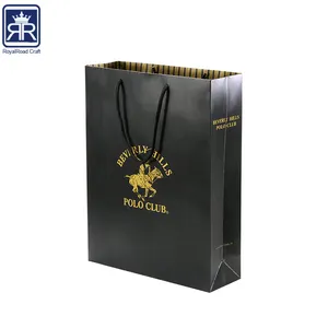 17110803 роскошный логотип бренда на заказ Золотая фольга штамповка подарочная упаковка черная ручная работа портативная бумажная сумка для покупок с ленточной ручкой