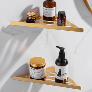 Mensola angolare moderna e resistente da parete per bagno, a doppio livello, con cestello in oro spazzolato - Product Image 1