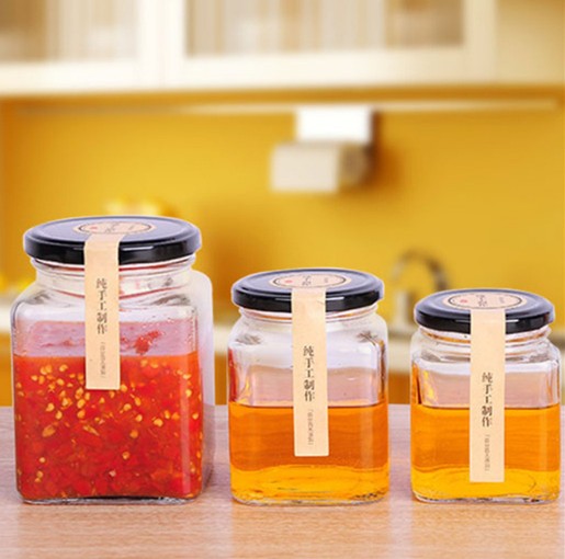 Clear empty food storage glass jar polygon glass jar with screw lid square glass food jar