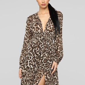 2019 nueva llegada verano europeo moda mujer cuello v manga larga maxi <span class=keywords><strong>vestido</strong></span> de <span class=keywords><strong>leopardo</strong></span> - Product Image 4
