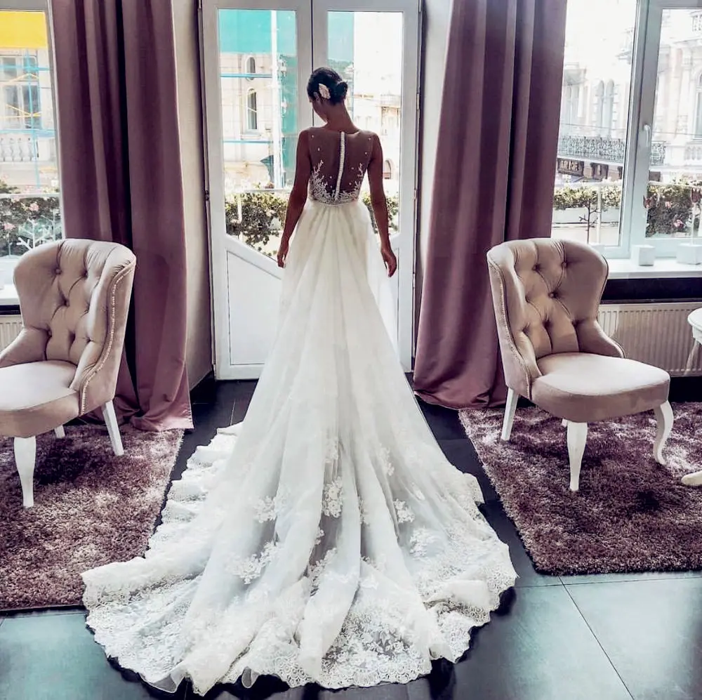Brand Lace Applique Wedding Dress Mermaid/Trump Wedding Gown Detachable Train Bridal Gown Scoop Floor Length Bridal Gown