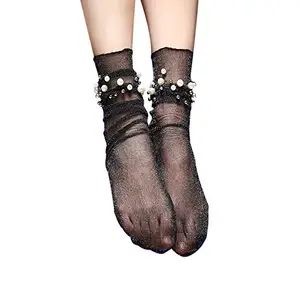 Teenage School Sheer Ankle Ruffle Fishnet Ankle High Mesh Lace Slouch Socks With Pearl
