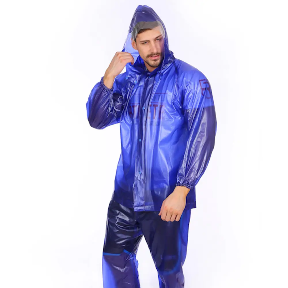 Manteau de pluie imperméable en pvc pour adultes, tenue de travail en plein air, bleu, en caoutchouc, ensemble vestes et pantalon, avec rabat frontal, logo imprimé personnalisé, 100%