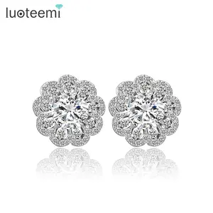 LUOTEEMI Trend Women Fashion Custom Korea Design Exquisite White Gold Plated Cubic Zirconia Earrings Stud Wholesale