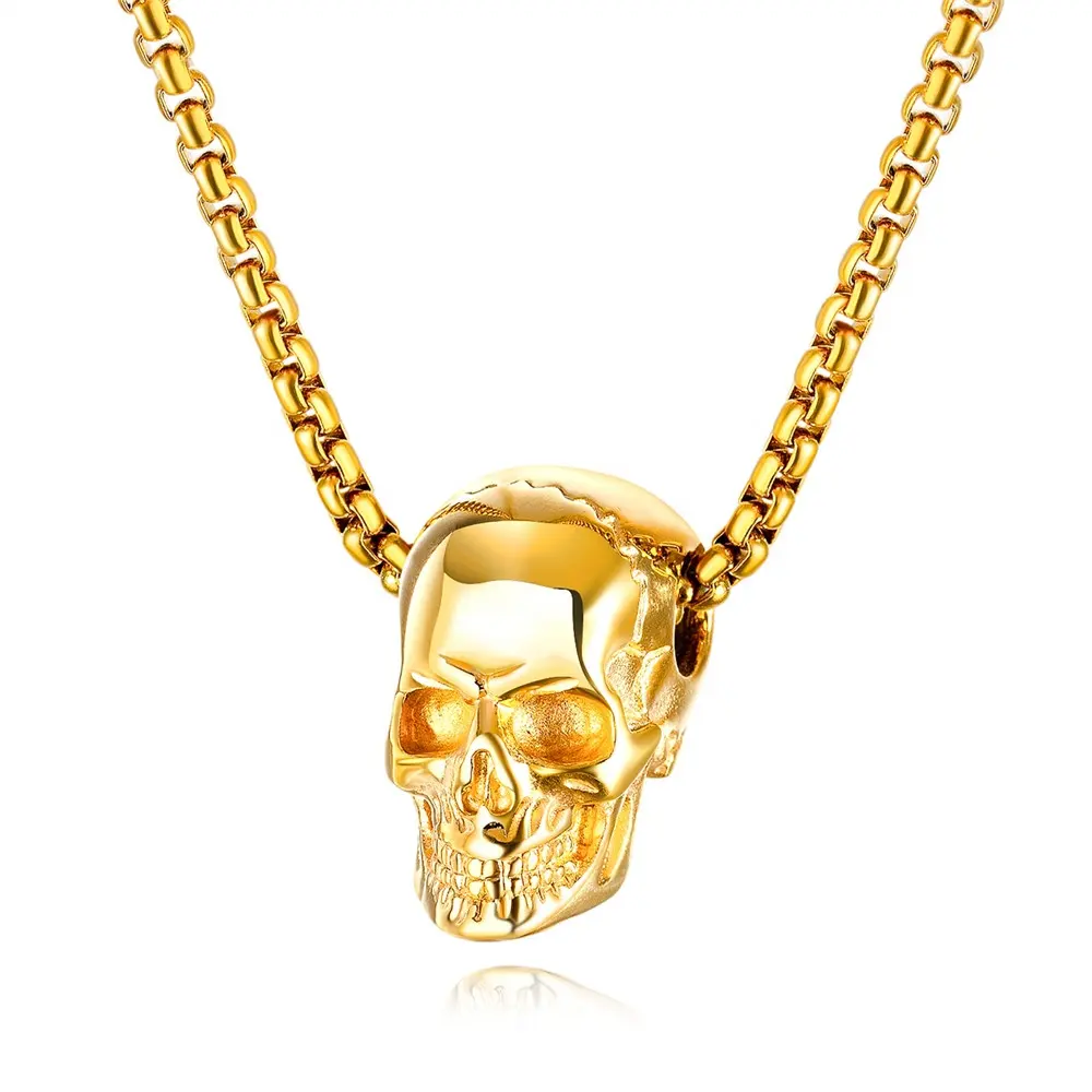 HipHop Rock Design Punk Gothic Style Gold Plated 316L Stainless Steel Men Skull Necklace