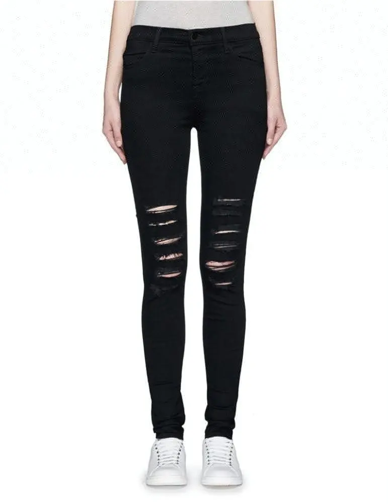 Royal wolf denim jeans manufacturer black cotton blend denim and knees shredded high stretch distressed jeans