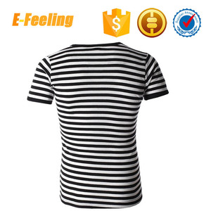 Tejido plano de encargo camiseta de la raya, a granel al por mayor blanco <span class=keywords><strong>y</strong></span> negro v-cuello de la raya de la camiseta - Product Image 4