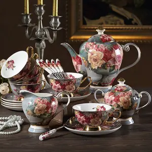 Conjunto de copo de chá vintage de cerâmica, conjunto de xícara e molhador de café porcelana para 6 pessoas, conjunto de chá floral