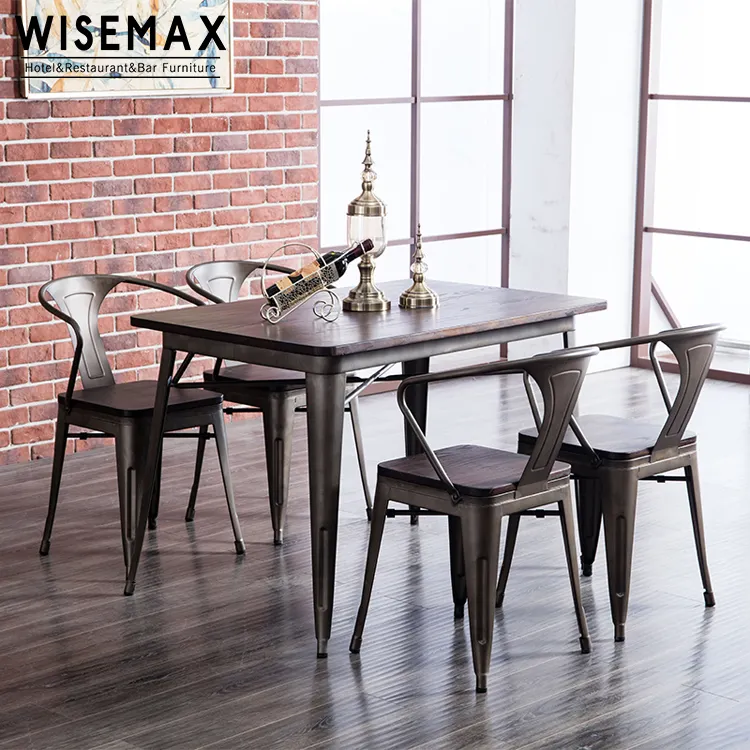 Wisemax Chất Lượng Cao Lớp Phủ Kim Loại Cổ Điển Công Nghiệp Ăn Uống Hiện Đại Quán Cà Phê Nhà Hàng Bàn Ăn Đặt Với Rắn Gỗ Hàng Đầu