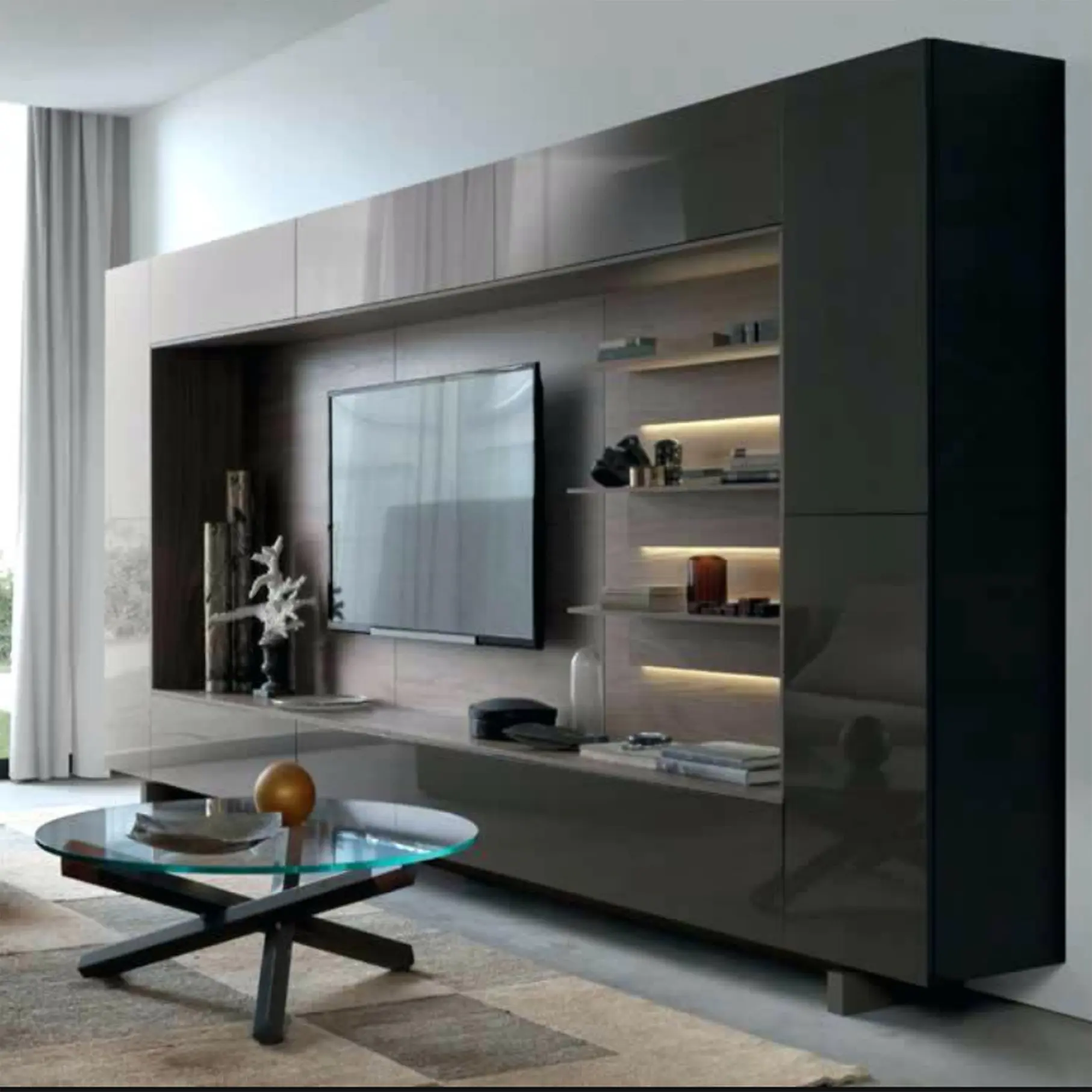 Armoire TV en laque avec panneau en mélamine, Design moderne, meuble mural