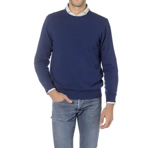 Plain Mens Blu di Cachemire Lavorato A Maglia Maglione