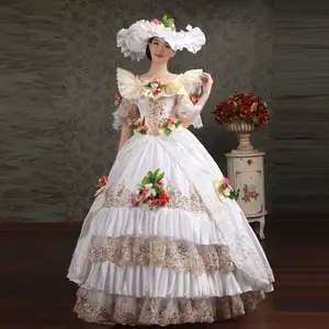 18th thế kỷ evening gowns Suppliers-Ecoparty Thế Kỷ 18 O-cổ Trắng Ren Hoa Appliques Ruffles Muliti-layer Rococo Đảng Dress Phục Hưng Tiệc Bóng Gown
