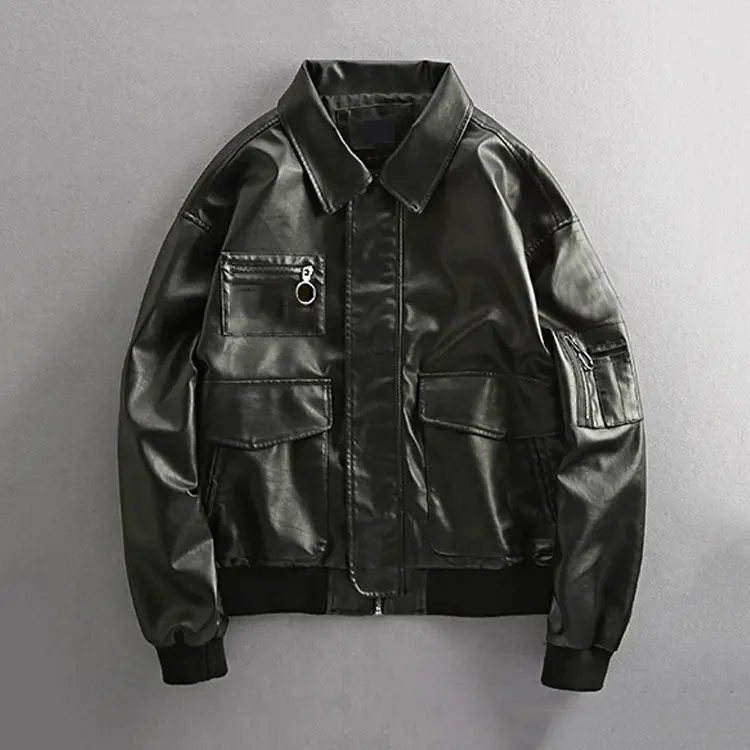 Mens Leather Bomber Jacket Fashion PU Leather Jacket Man