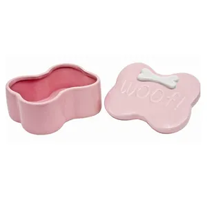 Cute Pink Bone Shape Ceramic Pet Dog Puppy Food Storage Treat Jar