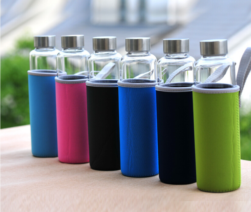 KC-08607 Glass Water Bottles 18 oz Stainless Steel Lid Drinking Water Bottles