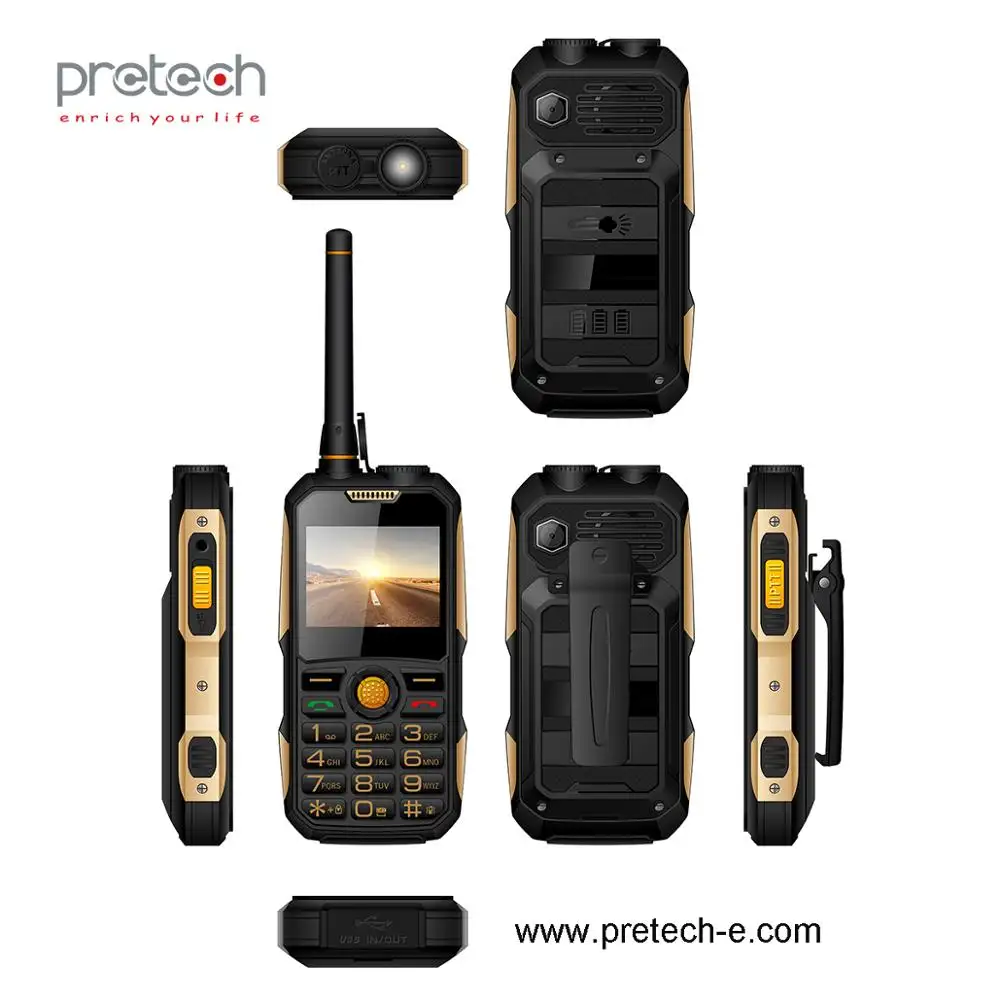 โทรศัพท์มีคุณสมบัติกดเพื่อพูดขรุขระเหมือน Walkie Talkie GSM 2G PTT Power Bank ไฟฉายสำหรับโทรศัพท์มือถือ