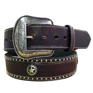 Brown Genuine Leather Western Men Roper Belt Round Star Concho Strap