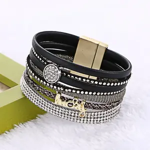 long leather bracelet multilayer diamond bracelet super wide fashion letters magnetic buckle bracelet