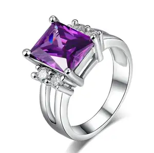 2017 แฟชั่นเครื่องประดับ Platinum Plated รูปสี่เหลี่ยมผืนผ้า Amethyst แหวนสตรีแหวนขนาด 6/7/8/9/10