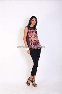 Pasos bastante 2015 de gama alta de <span class=keywords><strong>la</strong></span> gasa de <span class=keywords><strong>la</strong></span> mujer sin mangas <span class=keywords><strong>plume</strong></span> impreso plisado blusa superior - Product Image 2