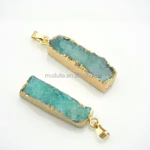 PM22498 Gras Groen Druzy Drusy Hanger Rechthoek Bar Charms Hanger Met Goud Electroplated Edge Sieraden